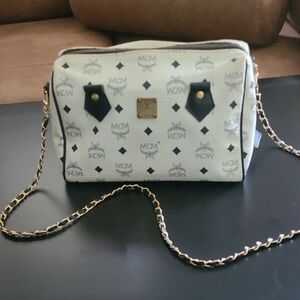 MCM Heritage White And Navy Blue Boston Crossbody Bag